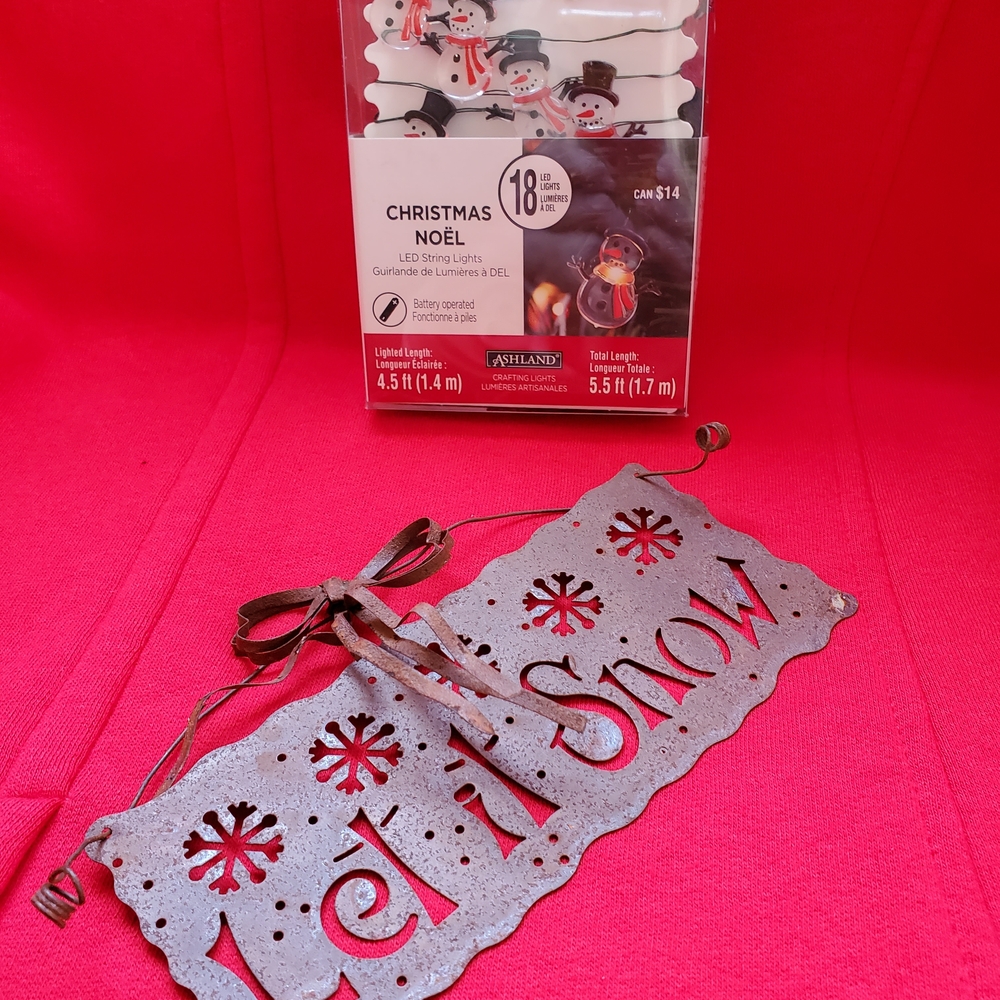 Snowman LED String Lights & Rustic "Let It Snow" Metal Sign